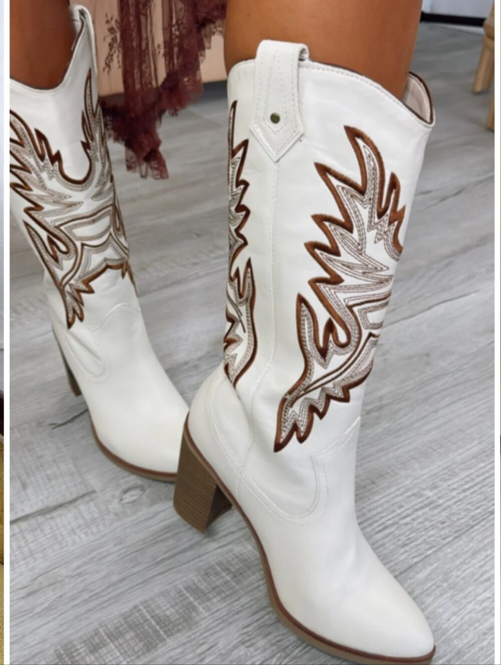 Mia Taley Tall Western Boot Cream Western Embroidered Mid-Heel Boots - Women's